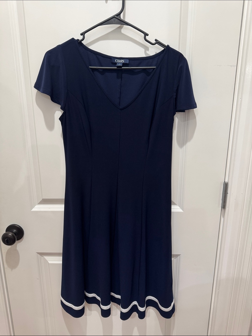 Chaps Navy Short-Sleeve A-Line Dress with White Hem Trim